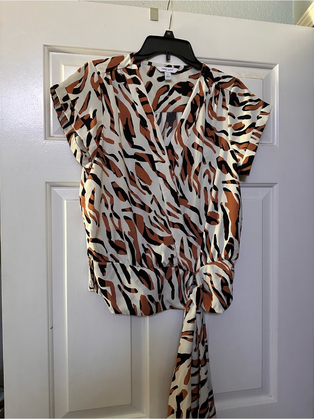 Nine West Cream, Brown & Black Animal-Print Tie-Waist Blouse